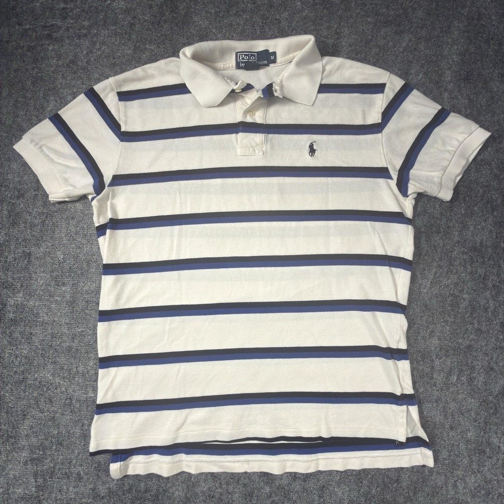 Polo Ralph Lauren Polo Shirt Men Medium White Blue Stripe Cotton Pique Pony Logo